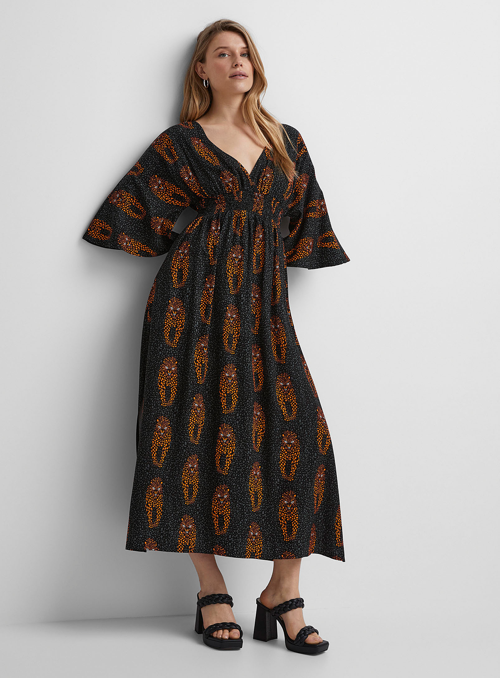 Icone Plunging V-neck Printed Long Dress In Patterned Brown