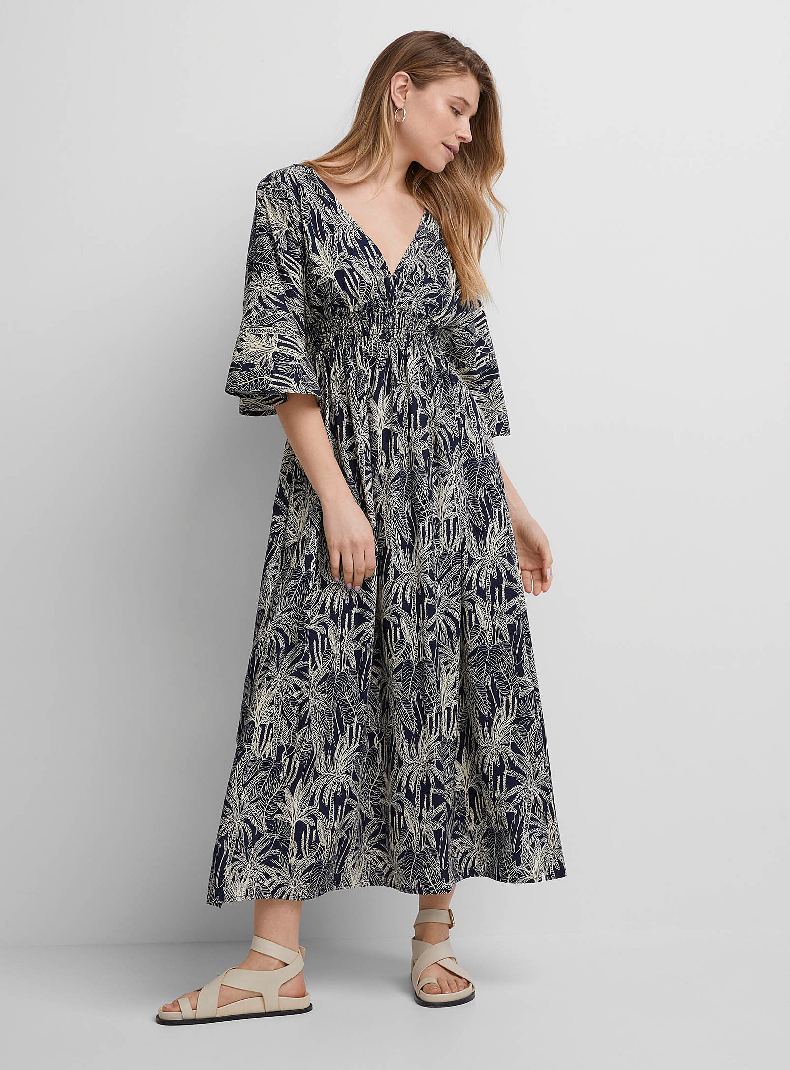 Icone Plunging V-neck Printed Long Dress In Patterned Blue