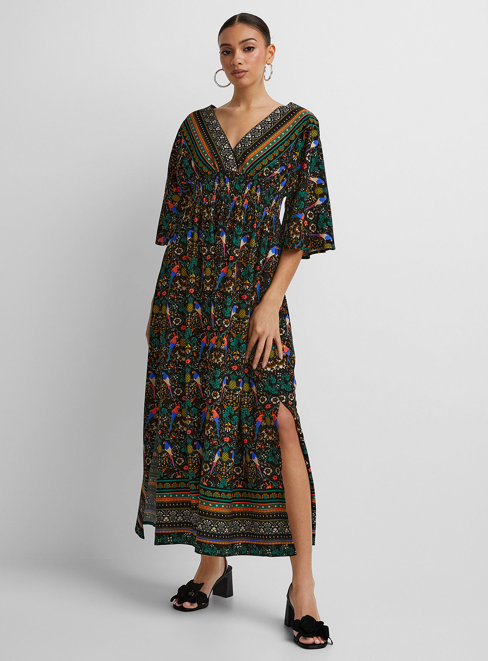 Icone Plunging V-neck Printed Long Dress In Patterned Black