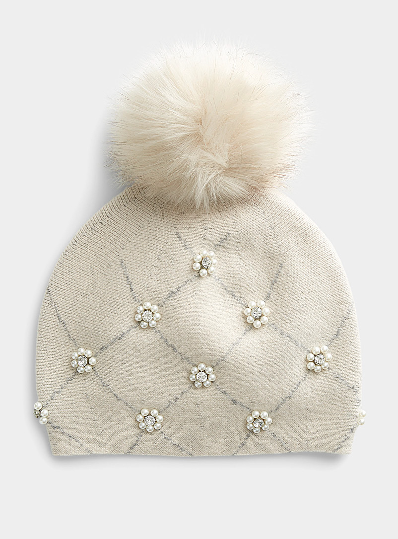Mitchie's Cream Beige Pearly detail pompom tuque for women