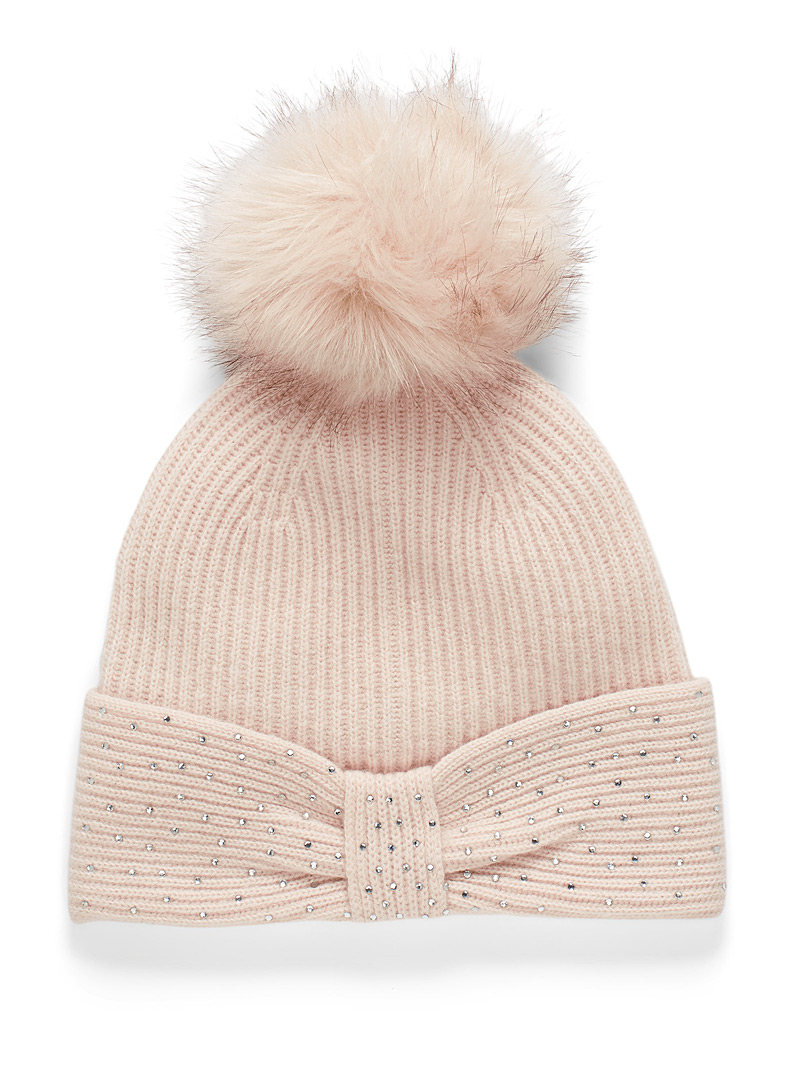 Simons Cream Beige Shimmery band pompom tuque for women