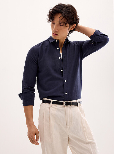 Only & Sons Navy/Midnight Blue Solid linen shirt for men