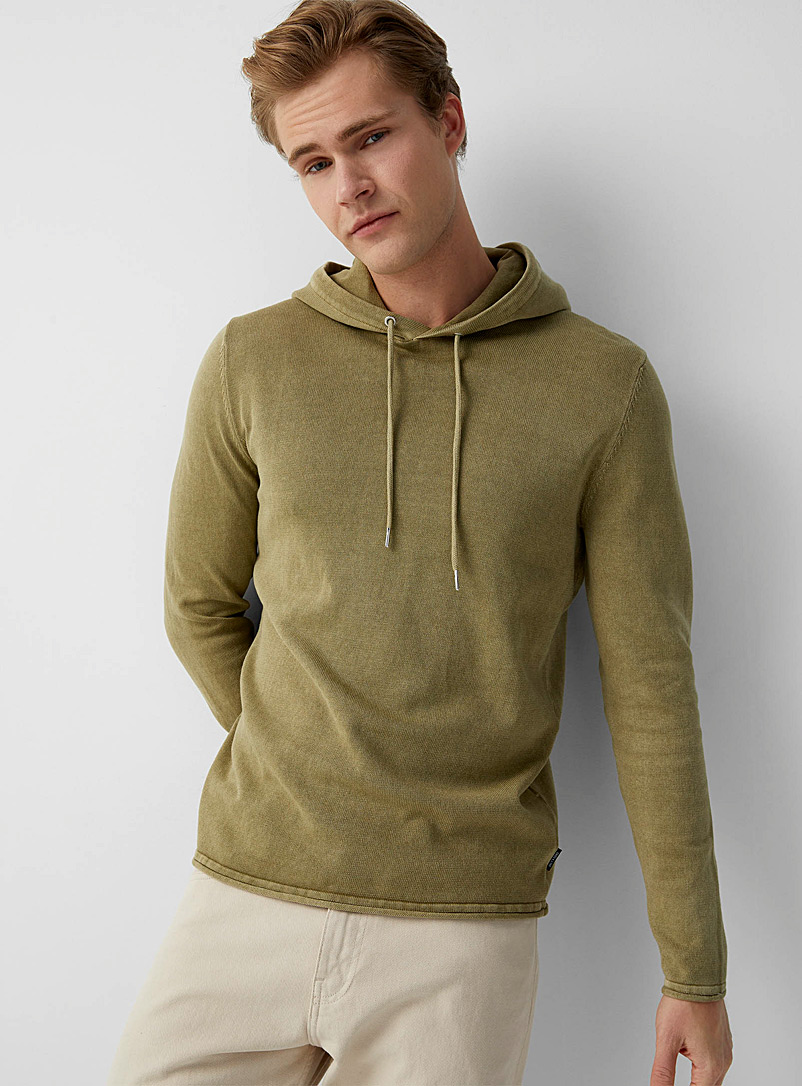 Only & Sons Mossy Green Faded knit hooded sweater for men