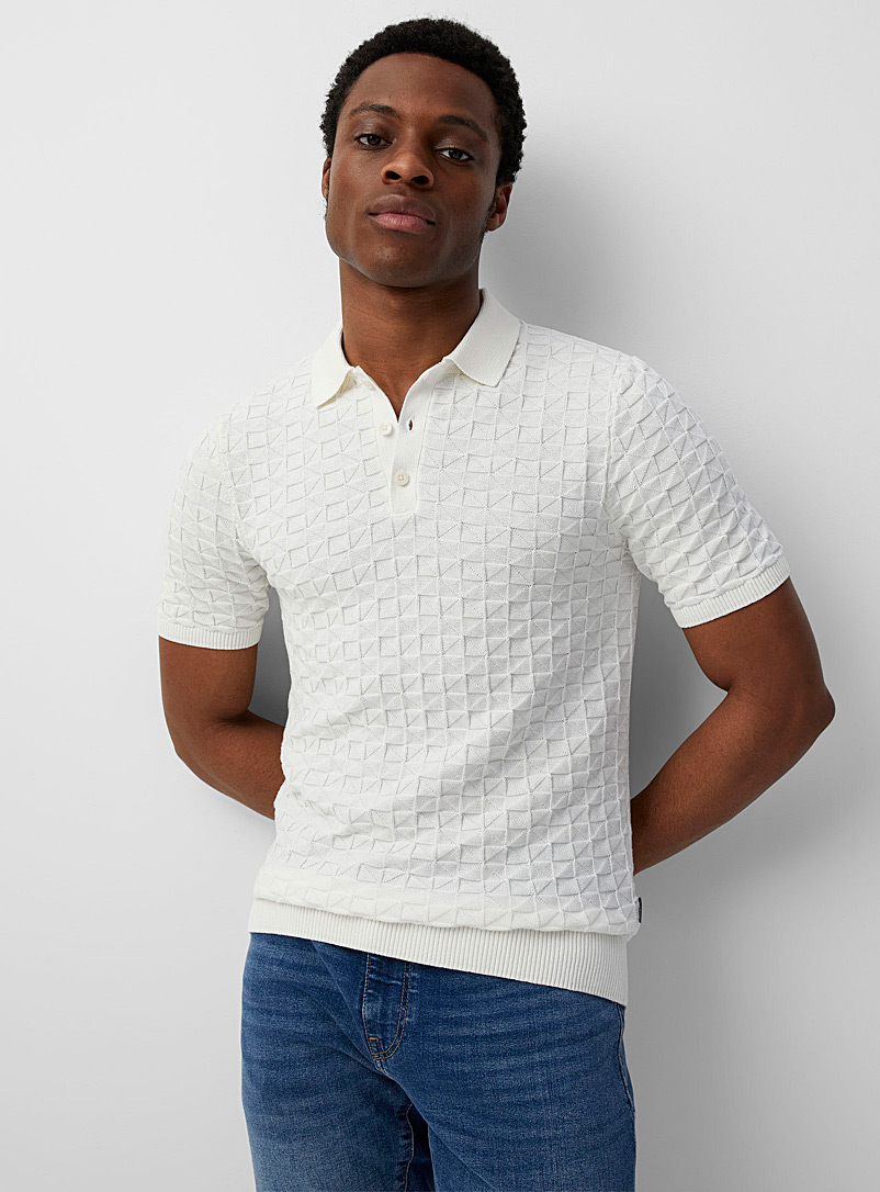 Only & Sons Ivory White Geometric embossed knit polo for men