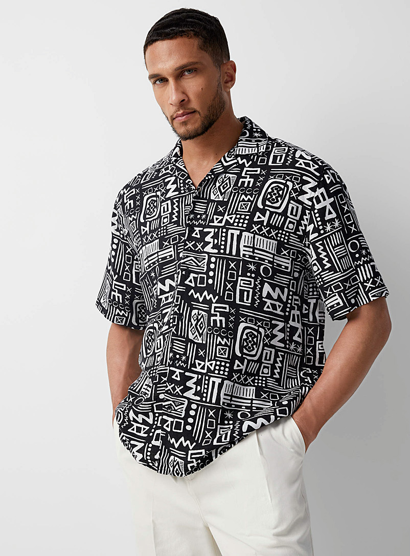 Only & Sons Patterned black Hieroglyphic-pattern camp shirt for men