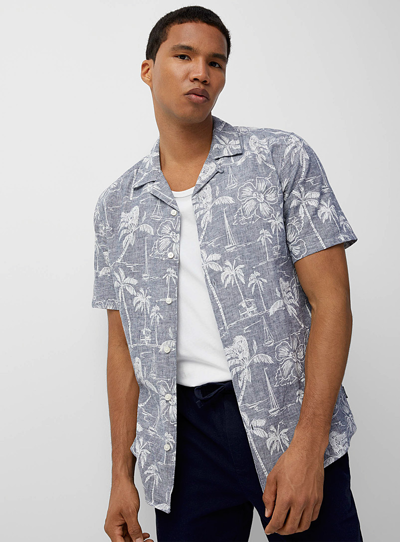 Only & Sons Blue Tropical island print chambray shirt for men