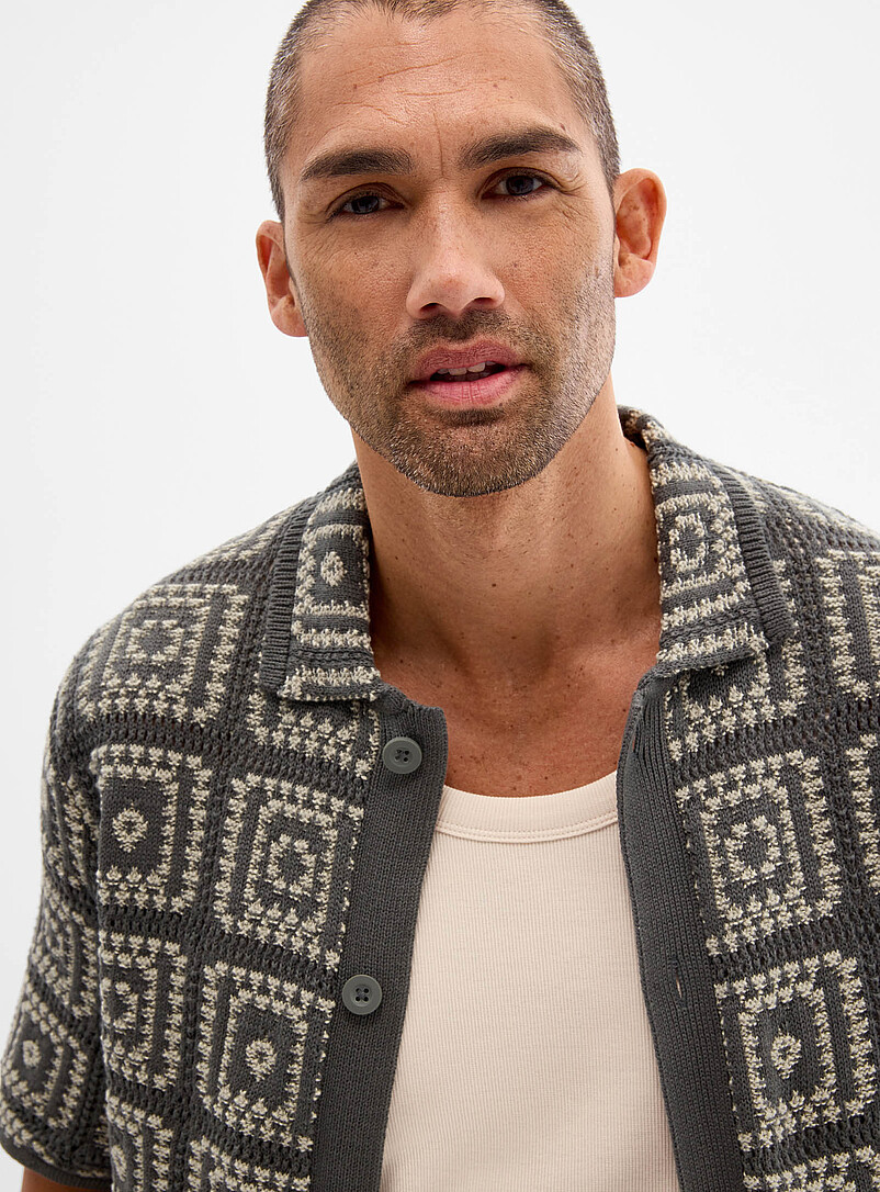 Only & Sons Ivory/Cream Beige Mosaic crochet polo-collar cardigan for men