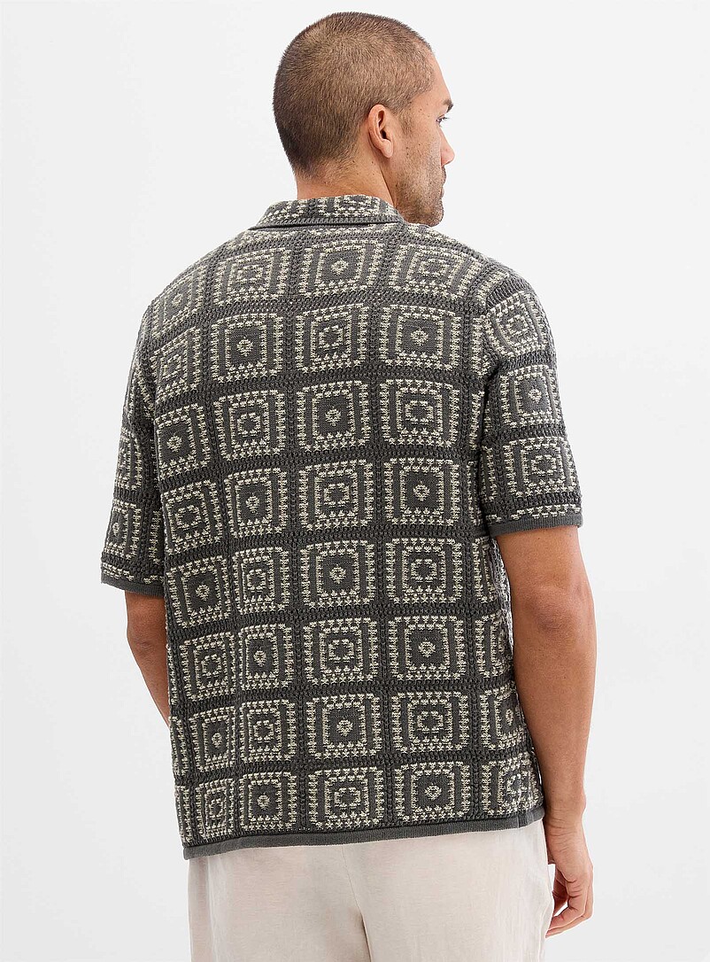 Only & Sons Ivory/Cream Beige Mosaic crochet polo-collar cardigan for men