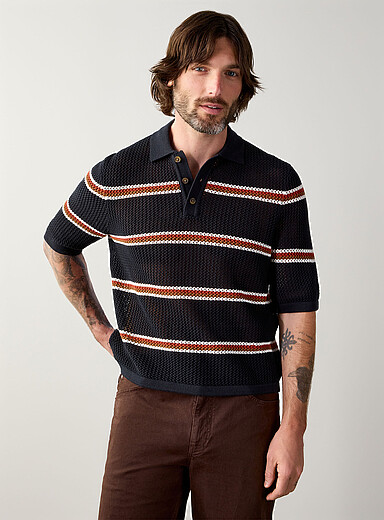 Only & Sons: Le polo ray&eacute; maille crochet Bleu &agrave; motifs pour homme