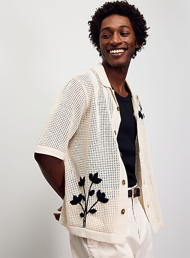 Le cardigan col polo fleurs brod&eacute;es