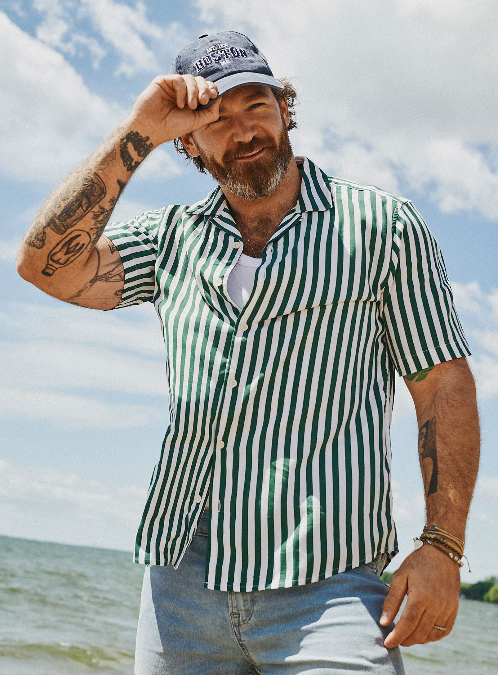 Only & Sons Seaside Stripe Camp Shirt Comfort Fit In Green