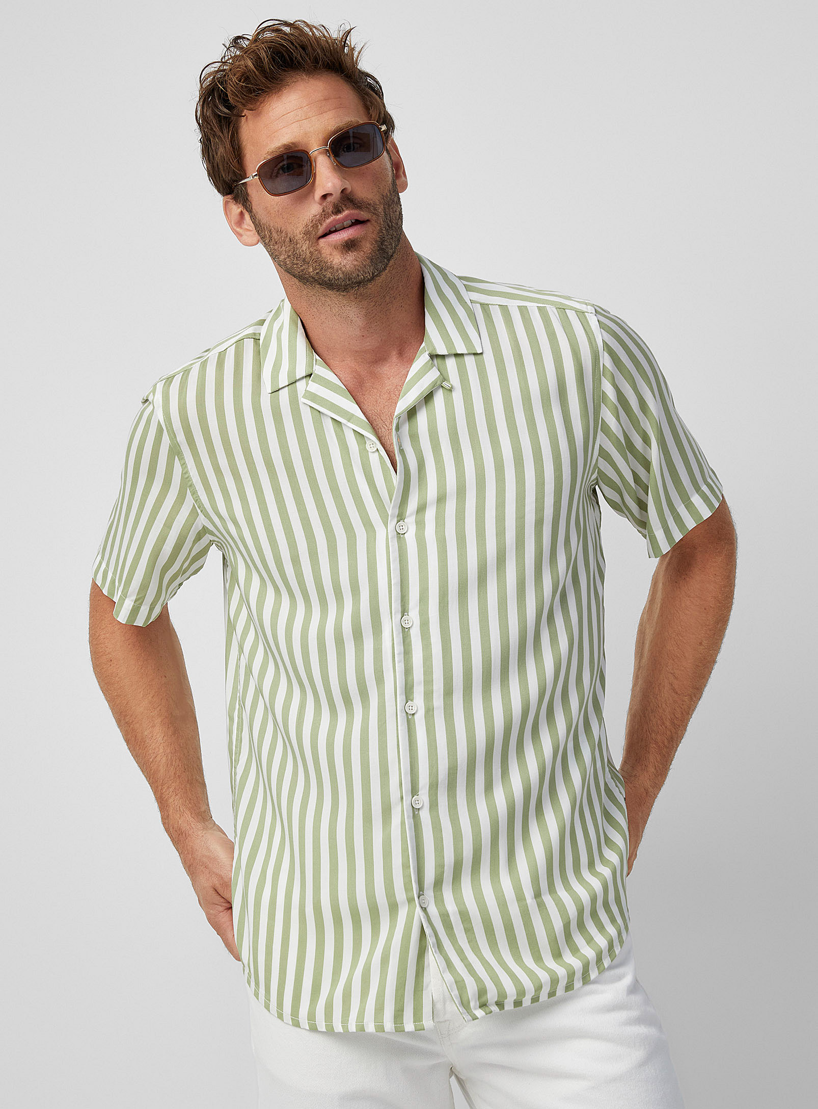 Only & Sons Seaside Stripe Camp Shirt Comfort Fit In Khaki