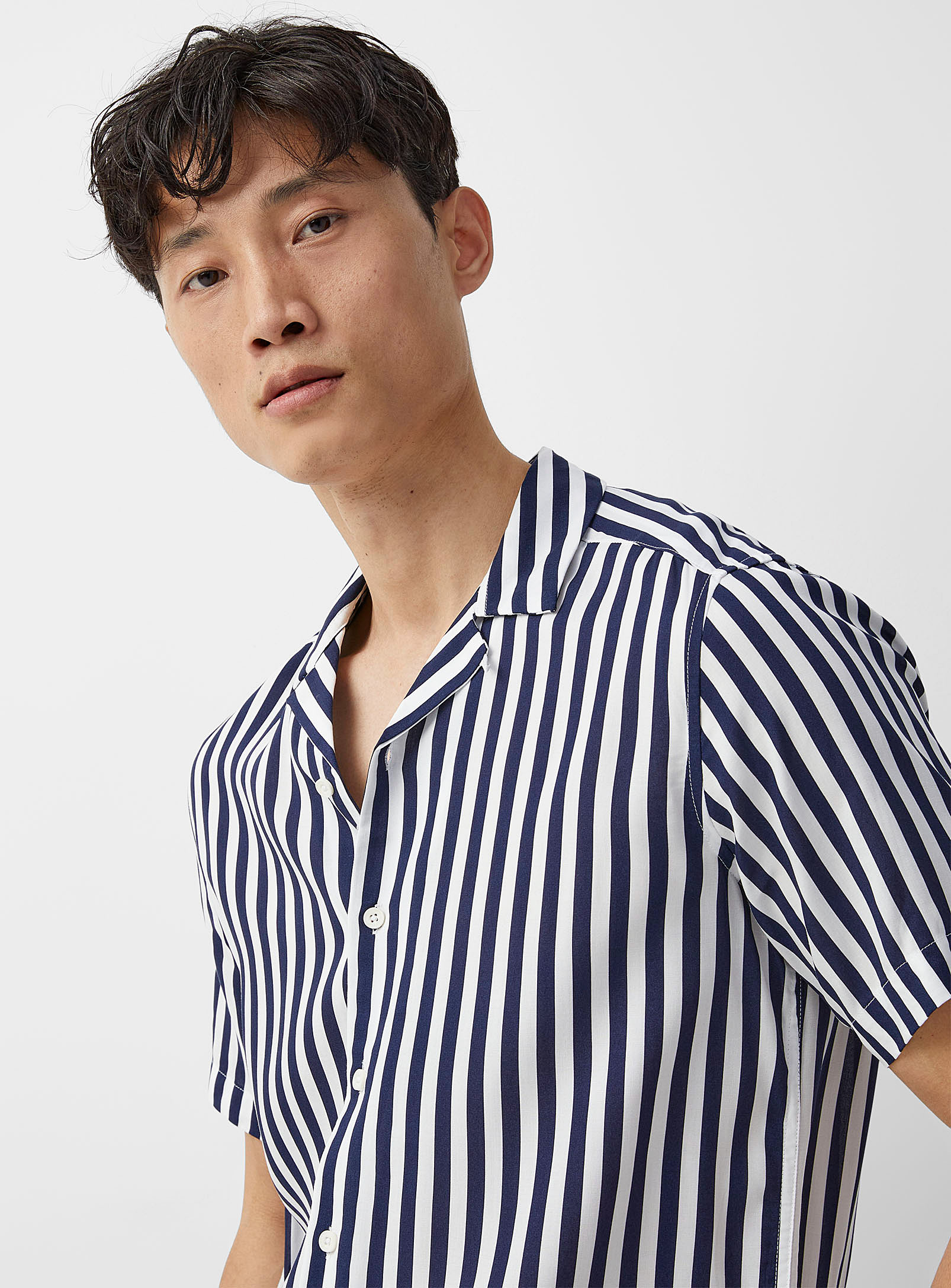 Only & Sons Seaside Stripe Camp Shirt Comfort Fit In Marine Blue