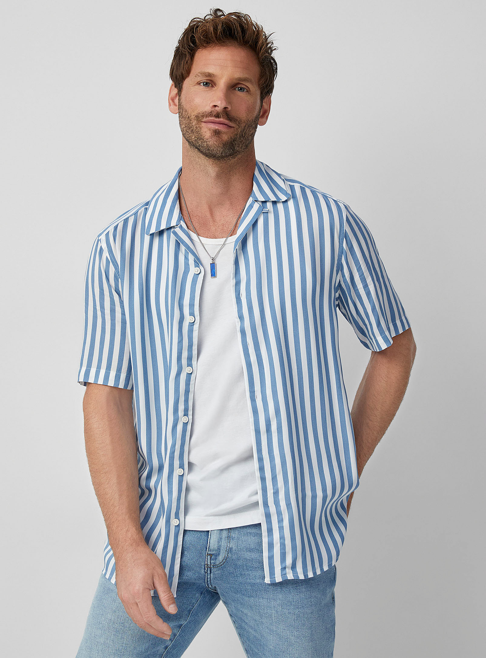 Only & Sons Seaside Stripe Camp Shirt Comfort Fit In Baby Blue