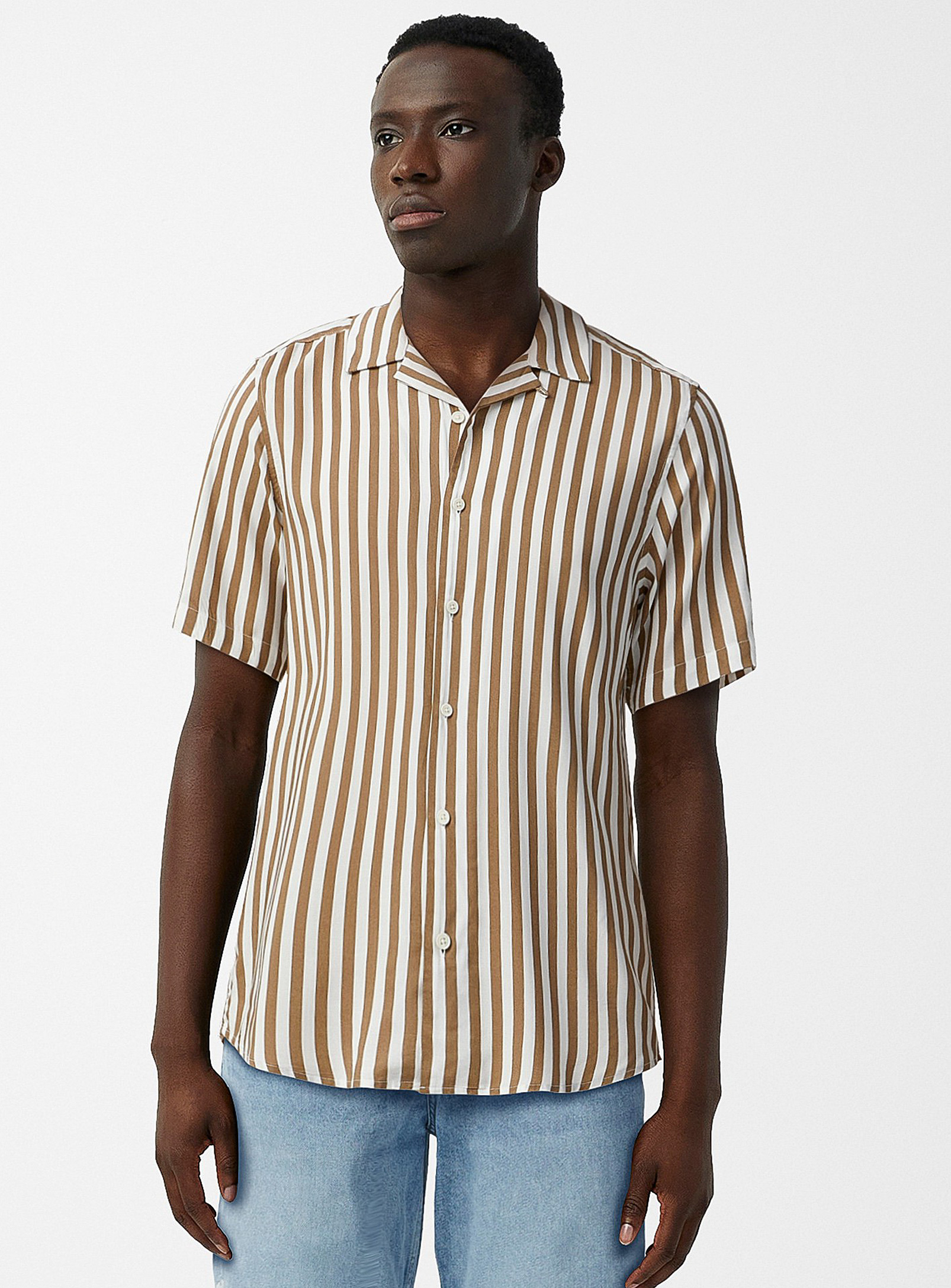 Only & Sons Seaside Stripe Camp Shirt Comfort Fit In Dark Grey