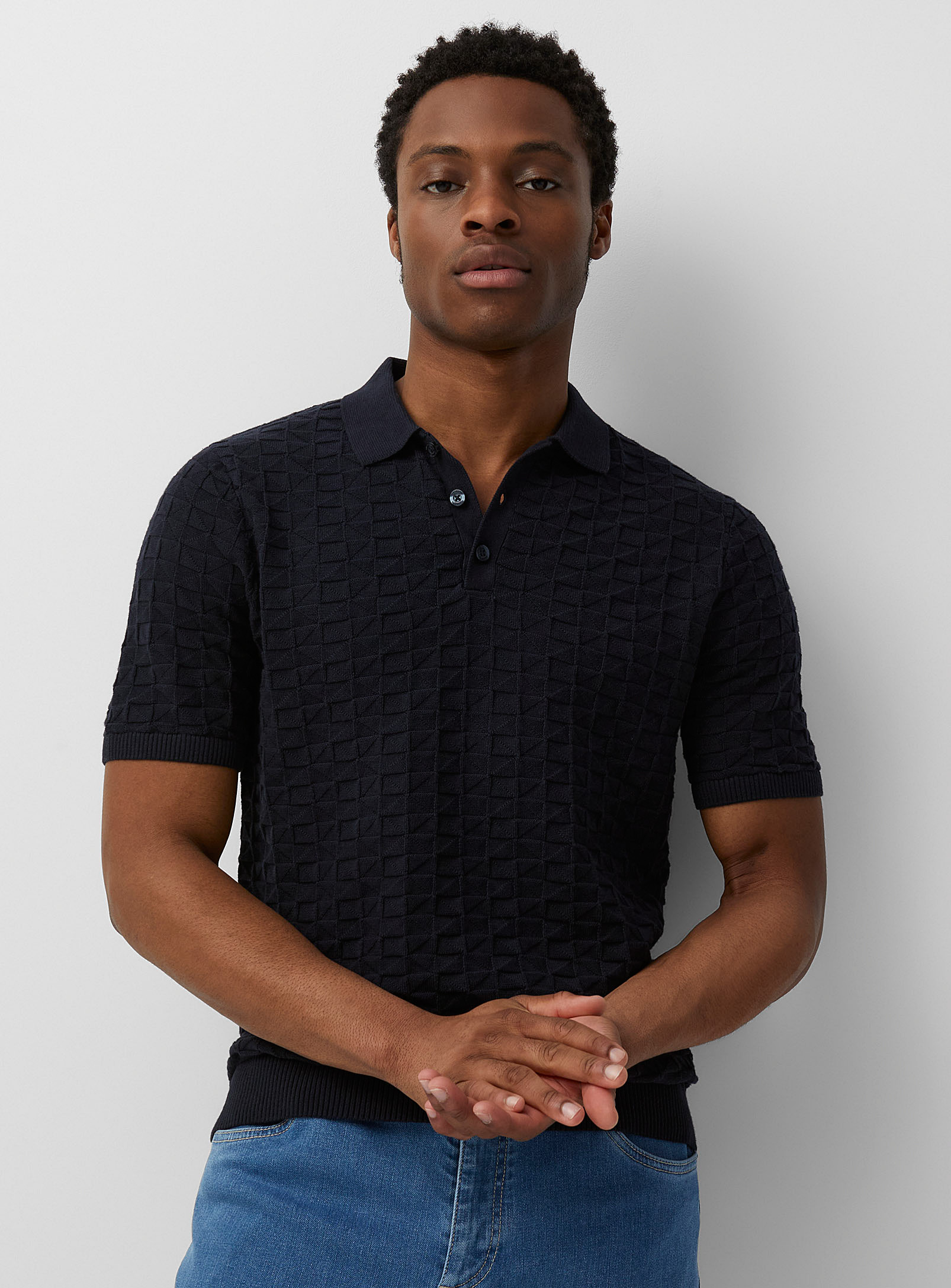 Only & Sons Geometric Embossed Knit Polo In Marine Blue