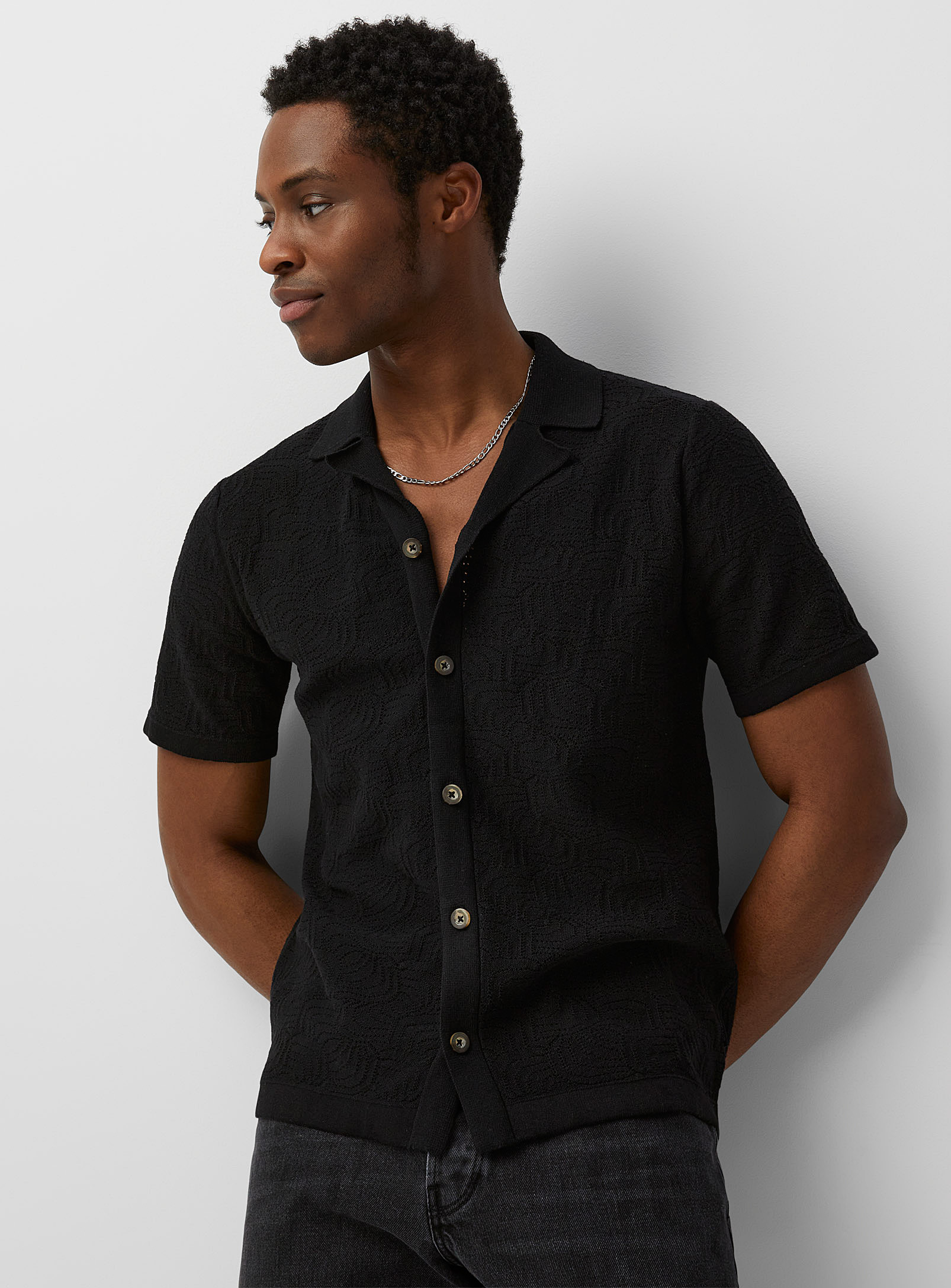 Only & Sons Abstract Pointelle Knit Shirt In Black