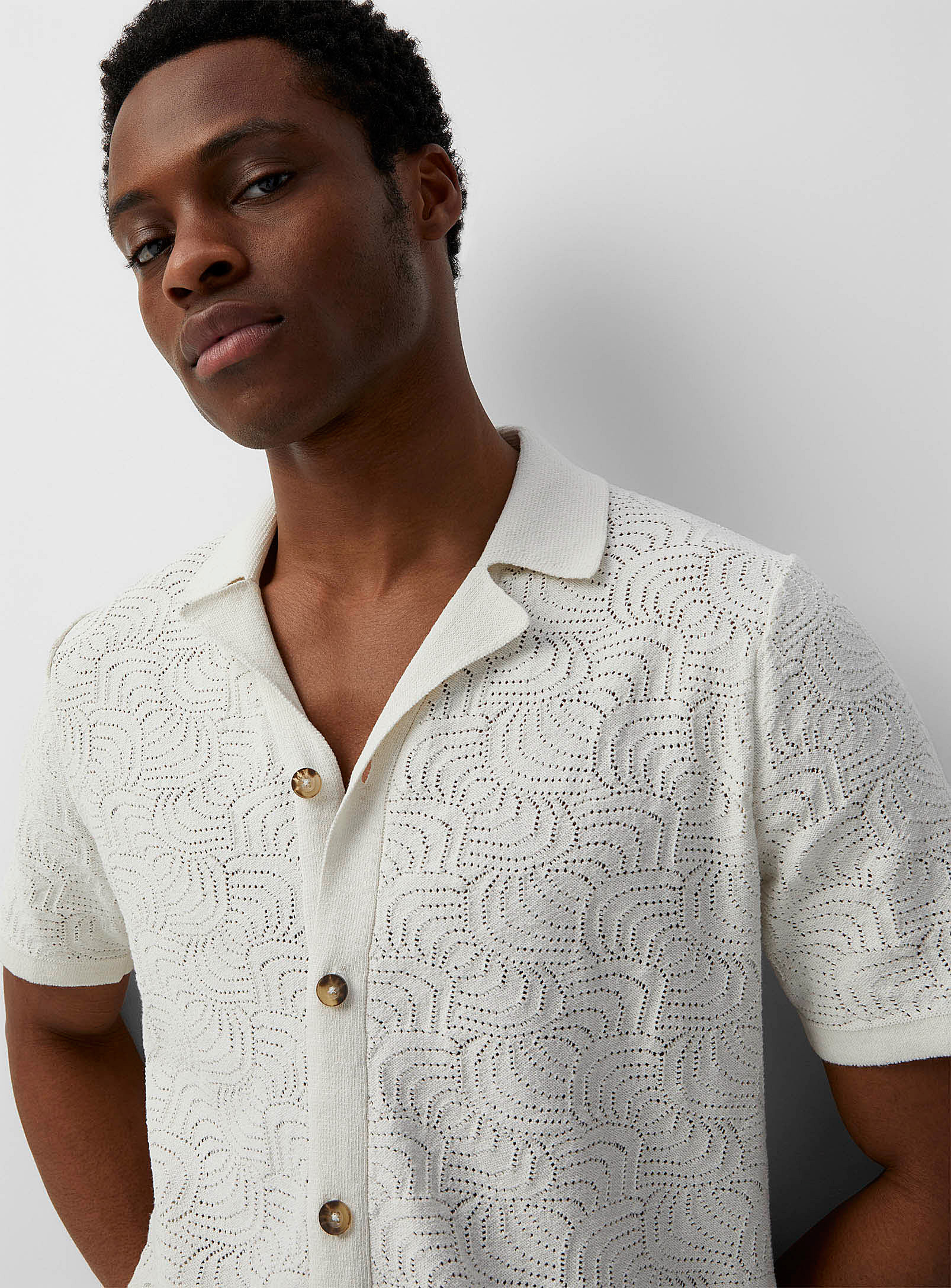 Only & Sons Abstract Pointelle Knit Shirt In Ivory White