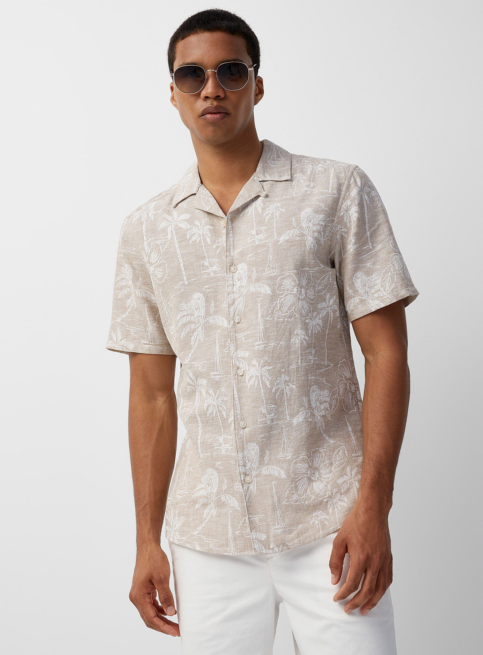 Only & Sons Tropical Island Print Chambray Shirt In Ivory/cream Beige