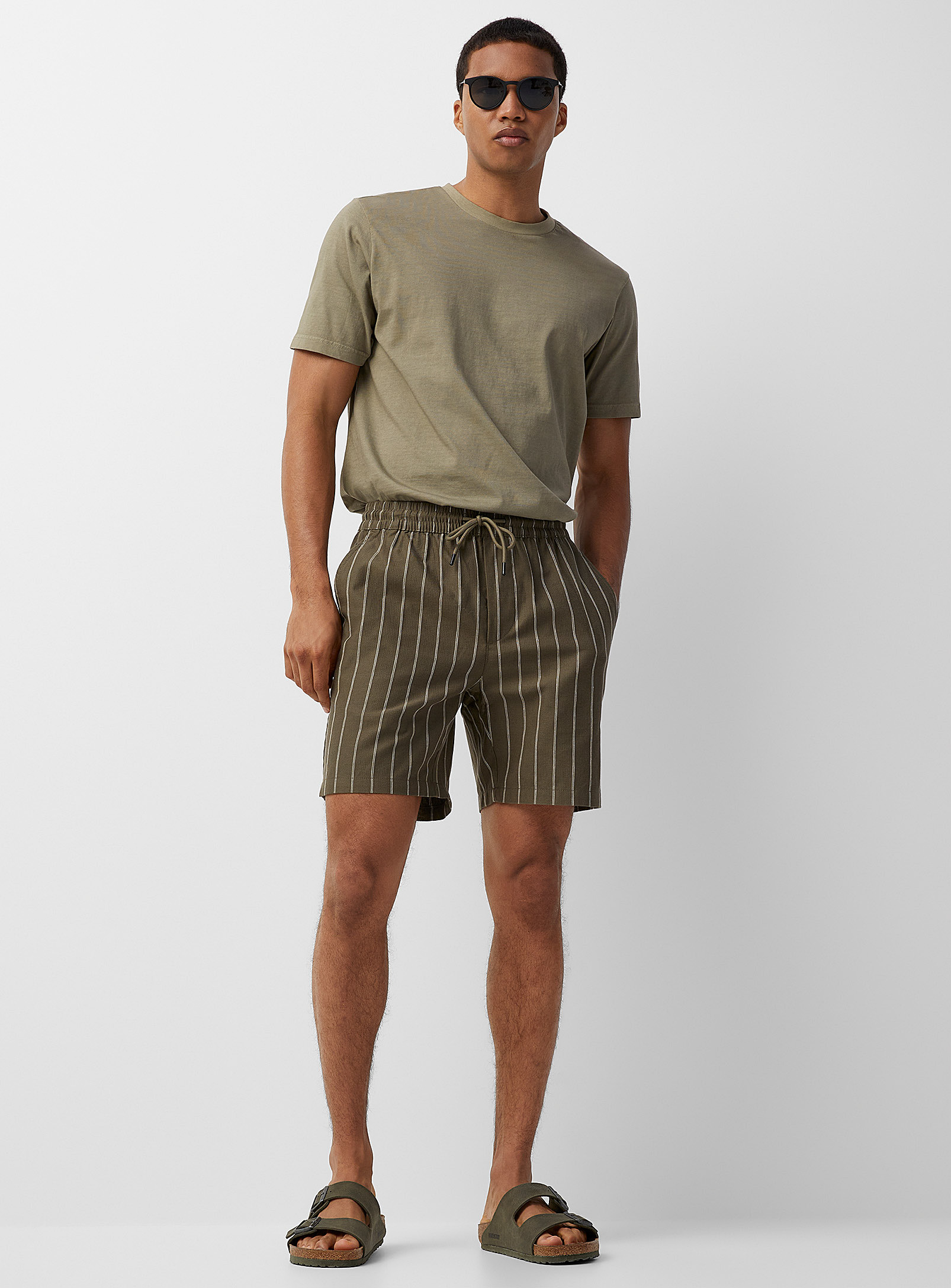 Only & Sons Comfort-waist Striped Bermudas In Mossy Green