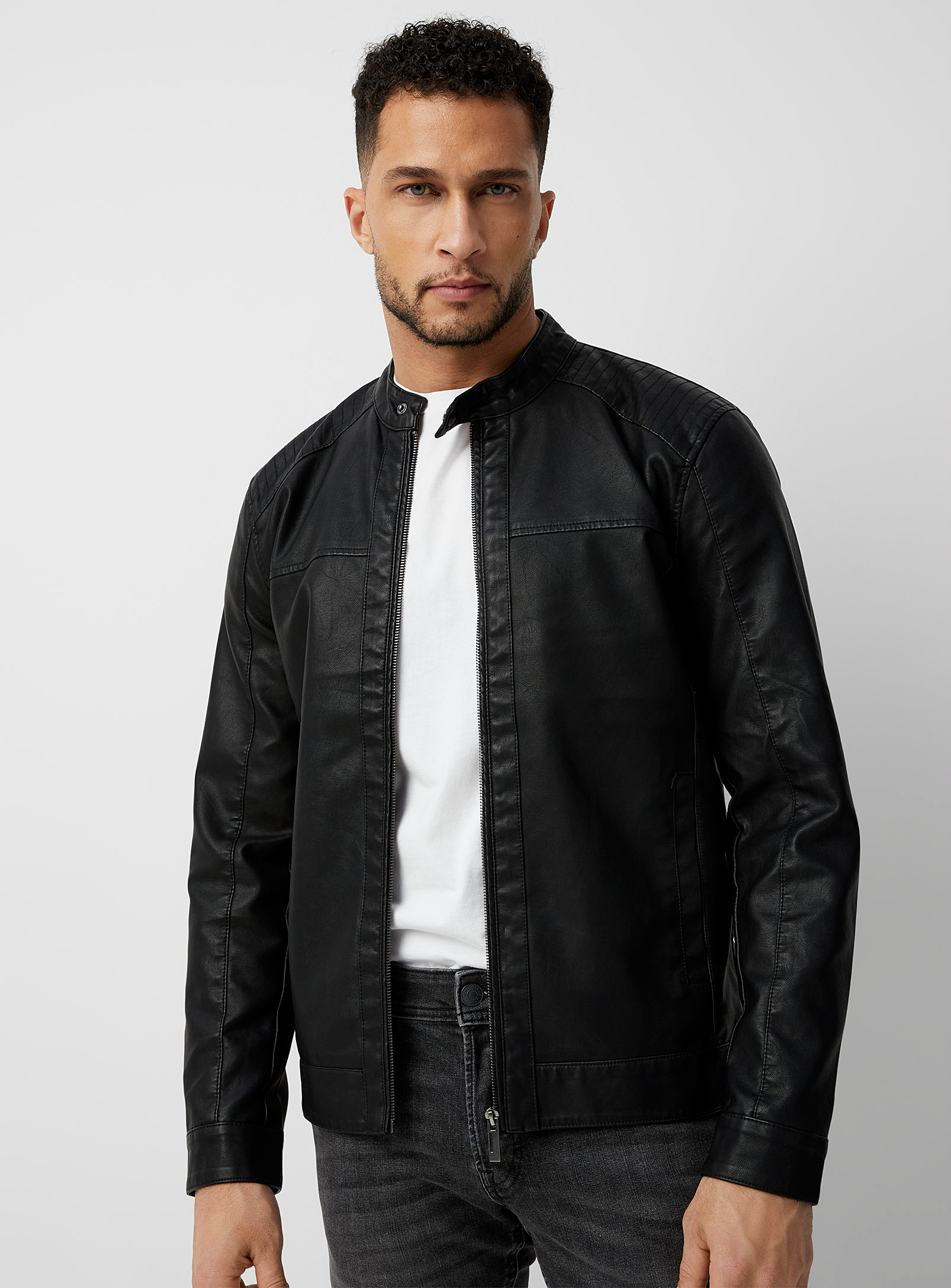 Only & Sons Faux-leather Biker Jacket In Black