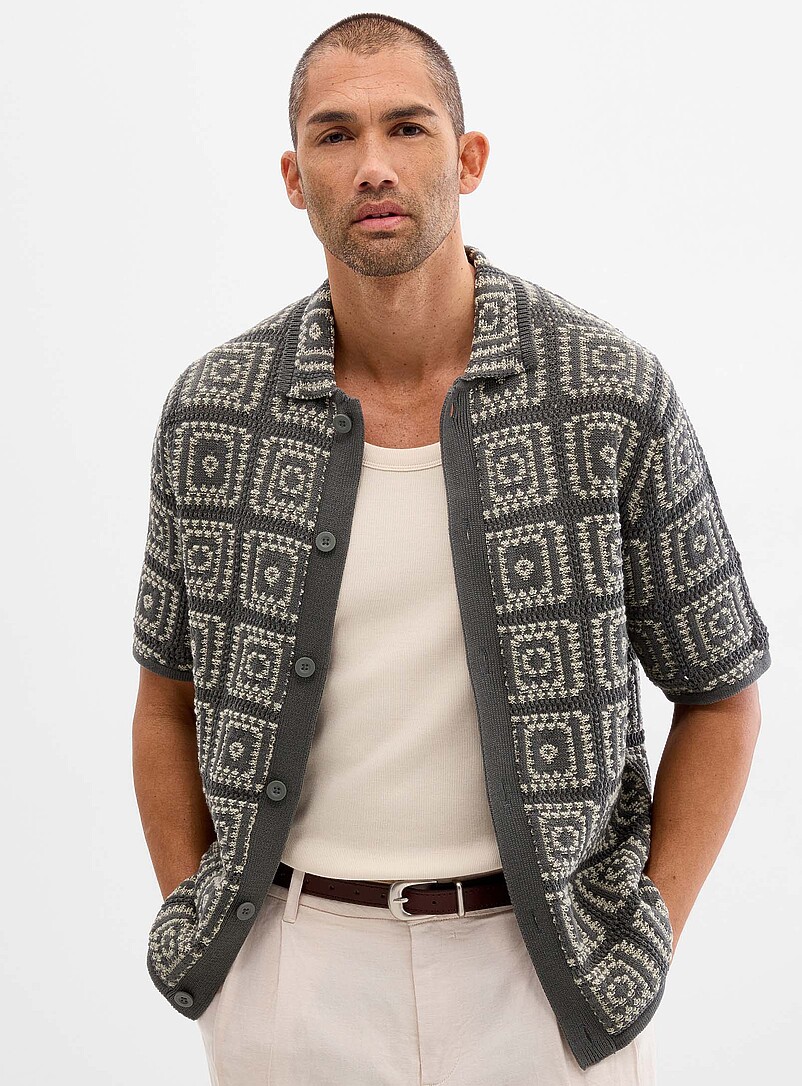Mosaic Crochet Polo-Collar Cardigan