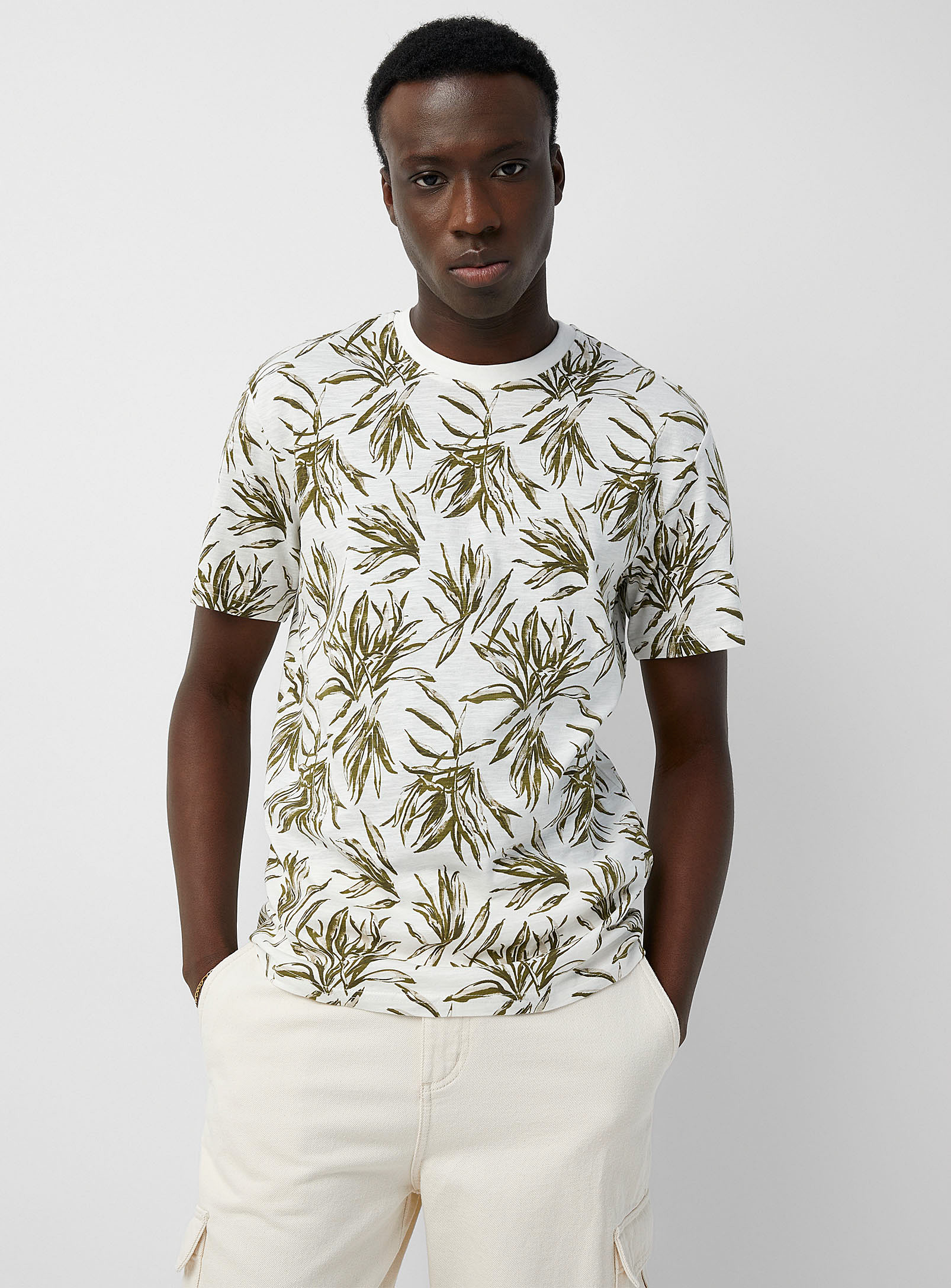 Only & Sons Exotic Foliage Slub Jersey T-shirt In Ivory White