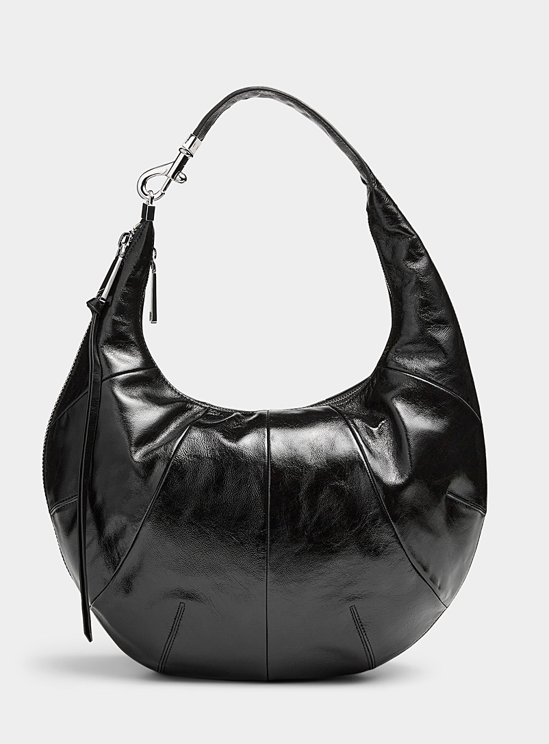 Rebecca Minkoff Black Zippered shiny leather crescent bag for women