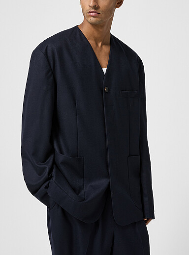 Jacquemus: Le veston sans col laine vierge Cardigan Bleu marine - Bleu nuit pour homme