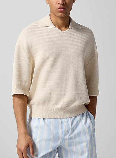 Jacquemus: Le polo col Johhny tricot chevrons Ivoire - Beige cr&egrave;me pour homme