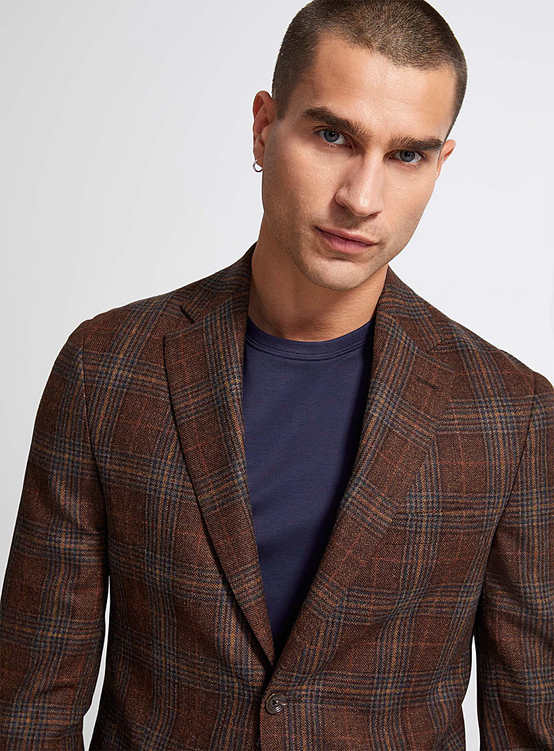 Jack Victor Patterned Brown Prince of Wales pure wool jacket Semi-slim fit for men