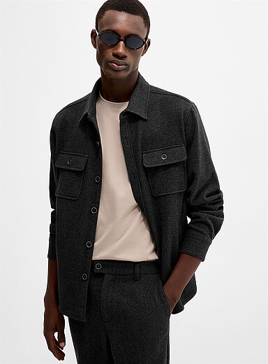 Robert Barakett Charcoal Gibbs velvety semi-plain knit overshirt for men