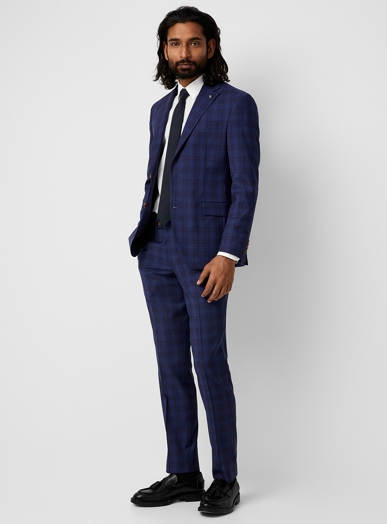 Jack Victor - Men's Orange-accent blue check suit Semi-slim fit