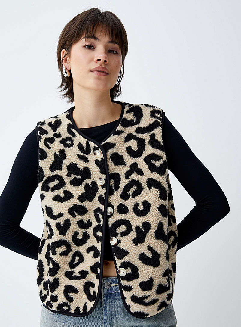 Twik Patterned Brown Sherpa fleece sleeveless jacket for women