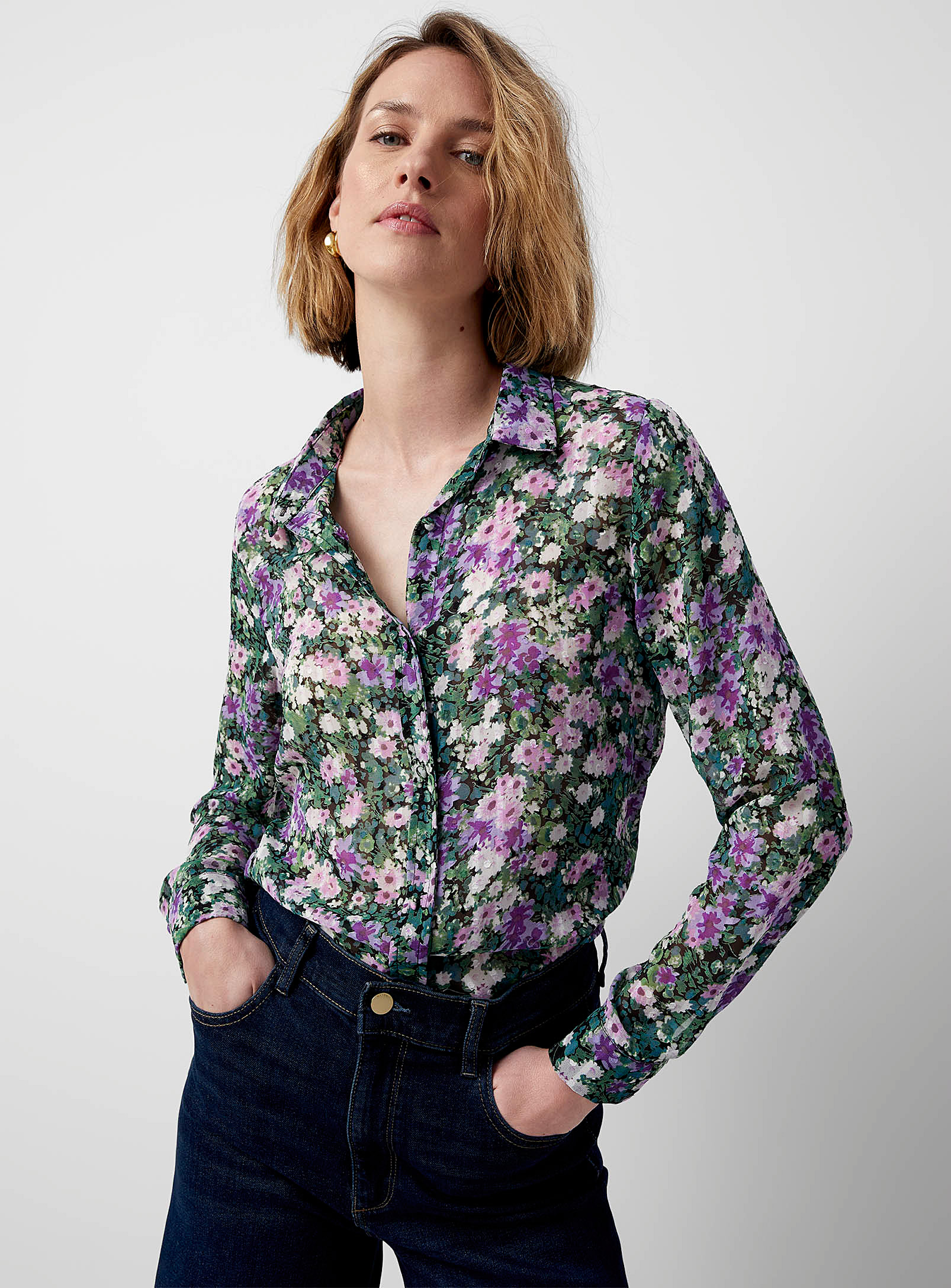 Contemporaine - Women's Purple flowers chiffon shirt