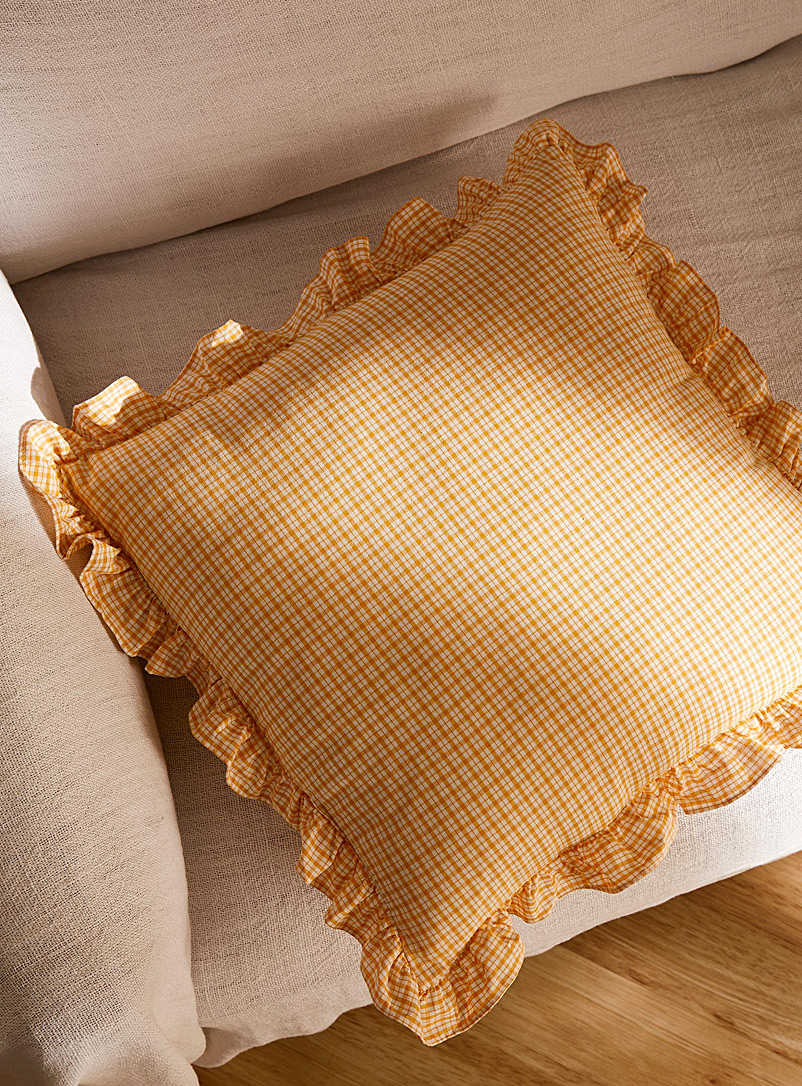 Simons Maison Medium Yellow Rustic checkers ruffled cushion 45 x 45 cm