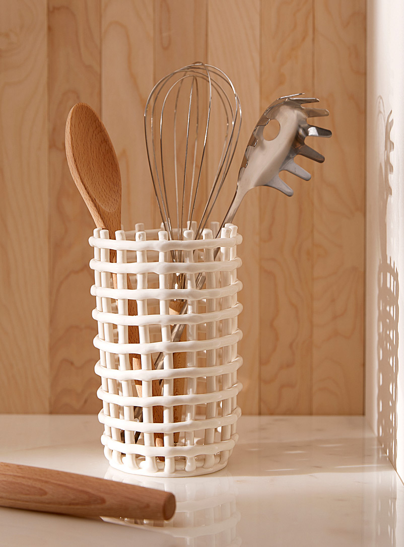 Simons Maison Ivory White Basket-style ceramic utensil holder