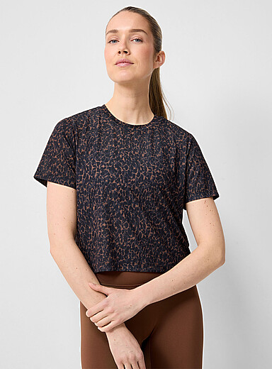 I.FIV5: Le t-shirt carr&eacute; raccourci microperfor&eacute; Brun &agrave; motifs pour femme