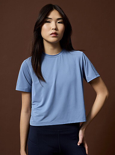 I.FIV5 Blue Cropped micro-perforated boxy T-shirt for women