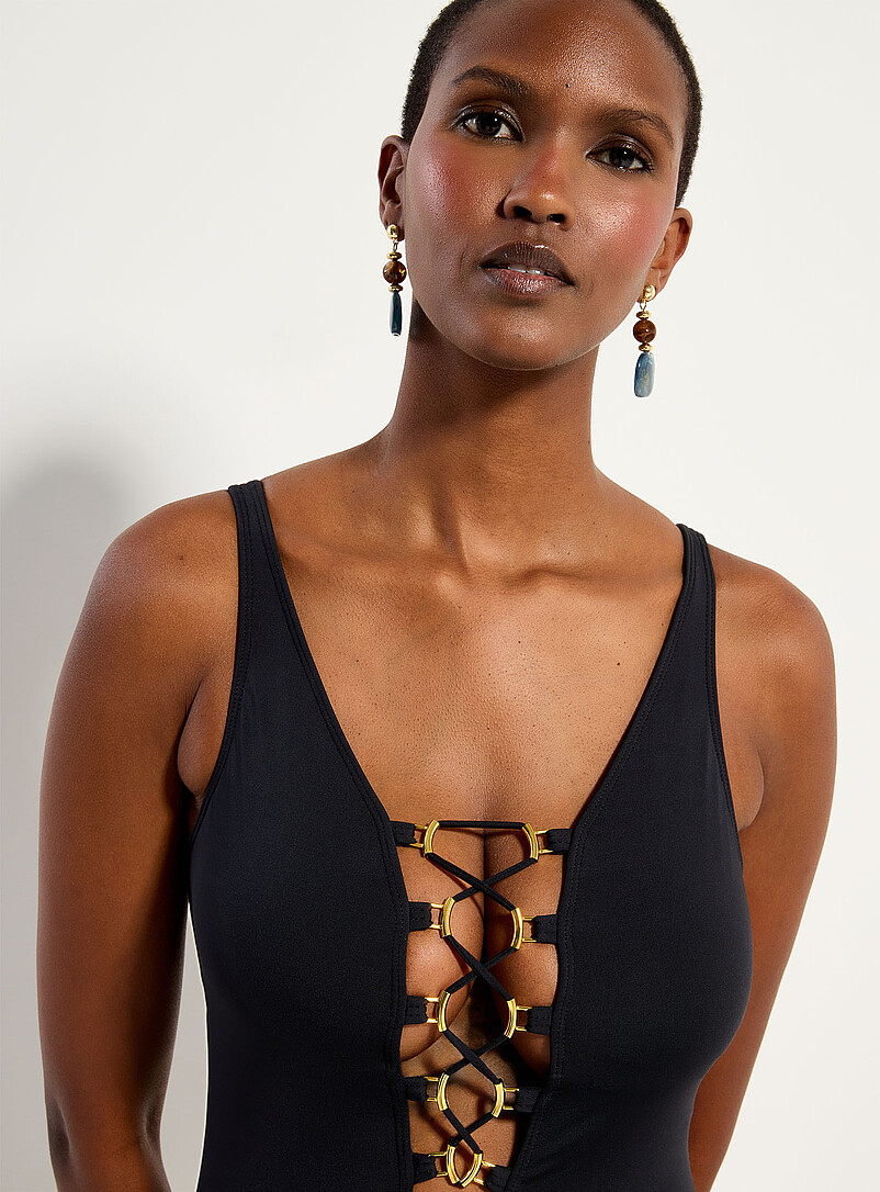 Bleu Rod Beattie Black Gold accent laced neckline one-piece for women