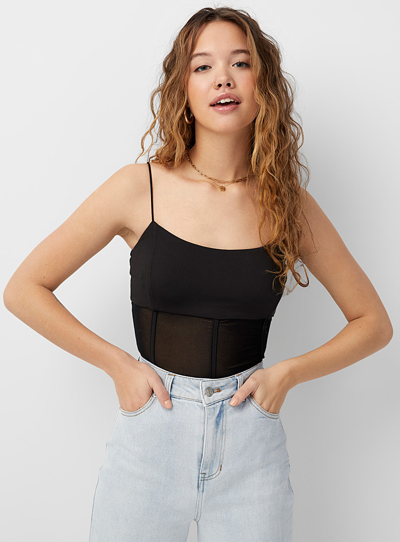 Twik Black Half-mesh corset cami for women