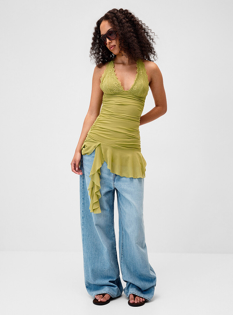 Ruched Cross-Back Ruffled Minidress