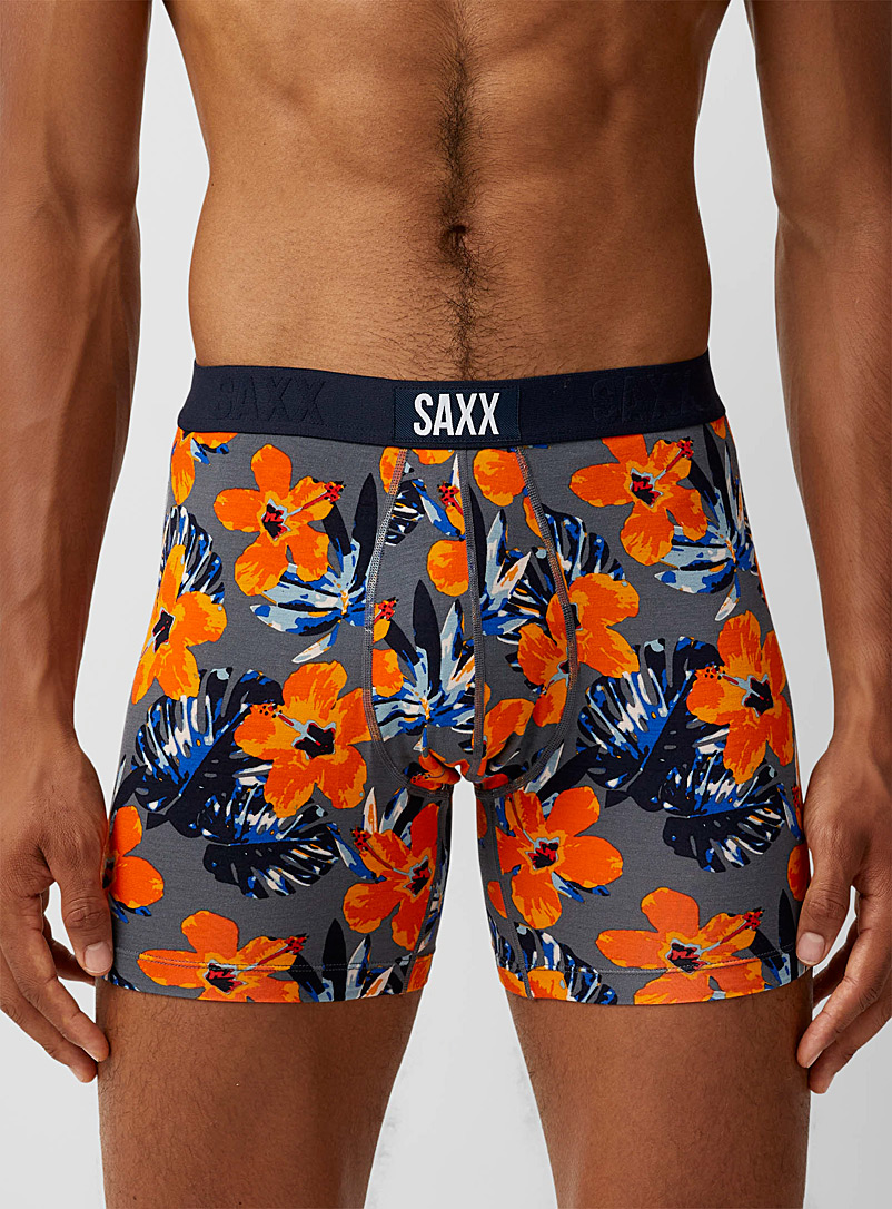 Saxx: Le boxeur long hibiscus orange VIBE Gris à motifs pour homme