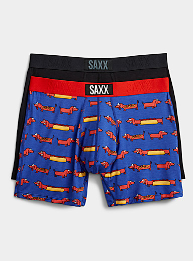 Saxx Patterned Blue Weiner dog and solid boxer briefs VIBE - 2-pack for men