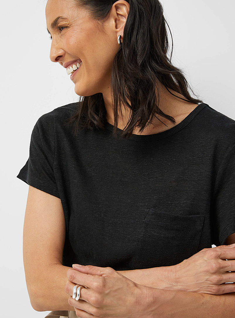 Contemporaine Black Pure linen patch-pocket T-shirt for women