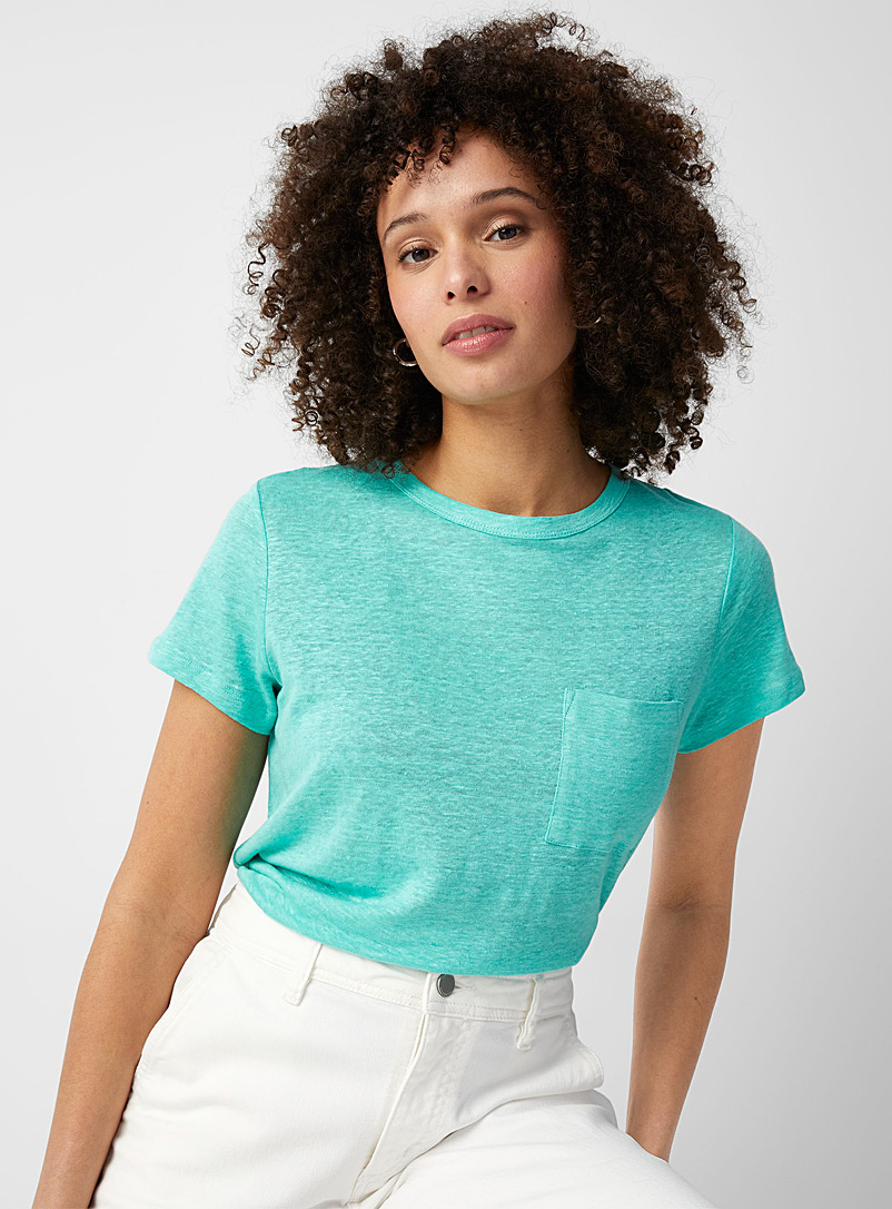 Contemporaine Turquoise Pure linen patch-pocket T-shirt for women