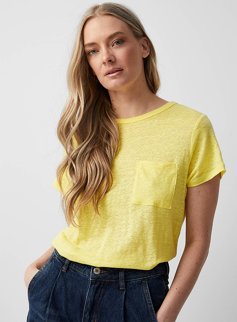 Contemporaine Light Yellow Pure linen patch-pocket T-shirt for women