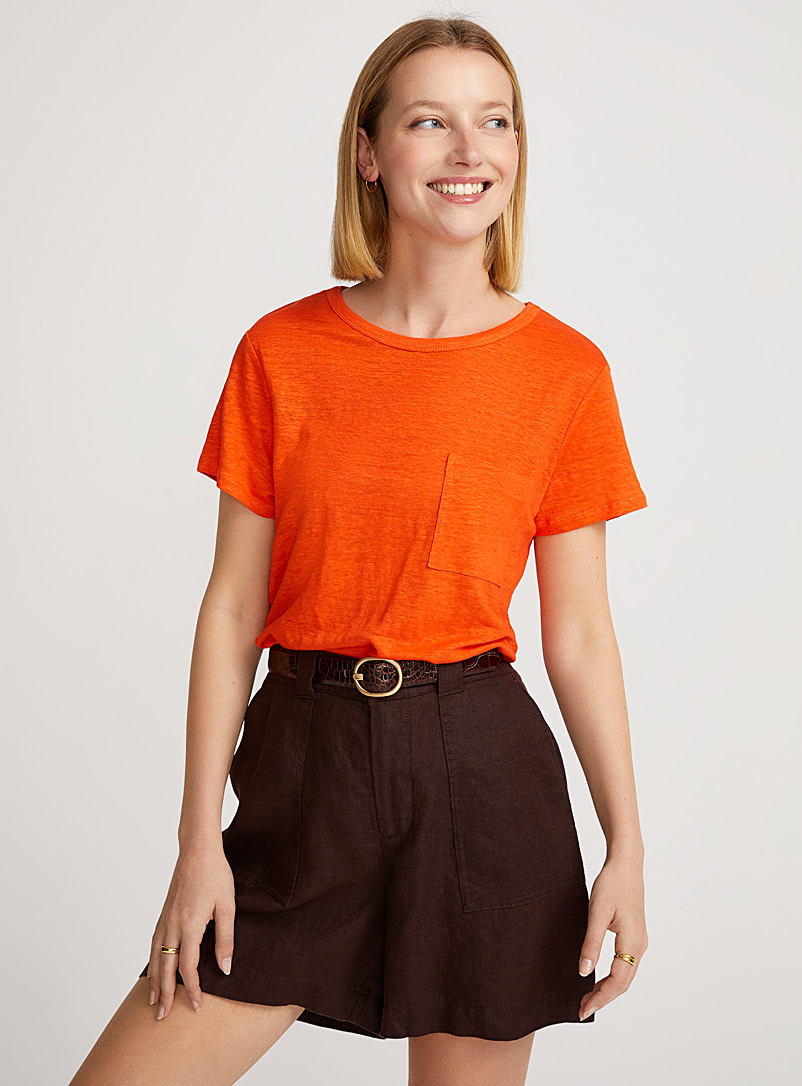 Contemporaine Medium Orange Pure linen patch-pocket T-shirt for women