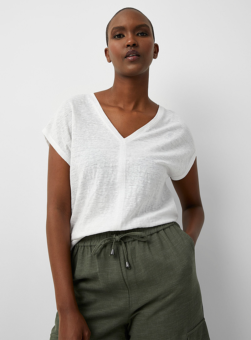 Contemporaine Ivory White Pure linen cap-sleeve T-shirt for women