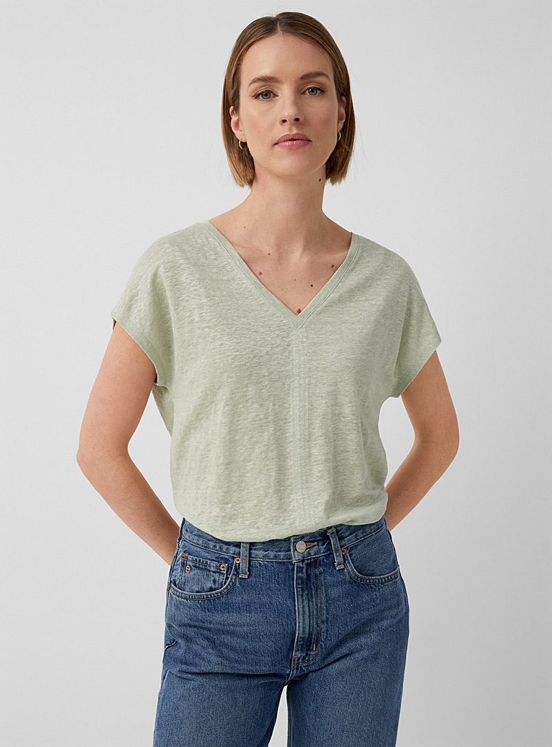 Contemporaine: Le t-shirt à mancherons pur lin Vert foncé-mousse-olive pour femme